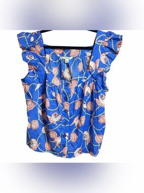 77 Park XL Ruffle Button front Square neck Seashell Blue Cotton XL Blouse NWT